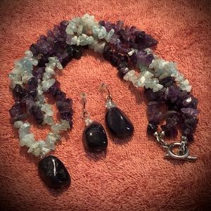 Vintage Blue Topaz Purple Amethysts Necklace & Matching Earrings